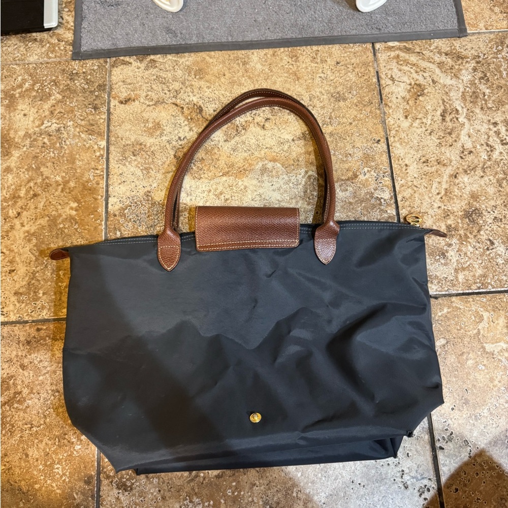 Longchamp Black Tote Bag with Brown Handles